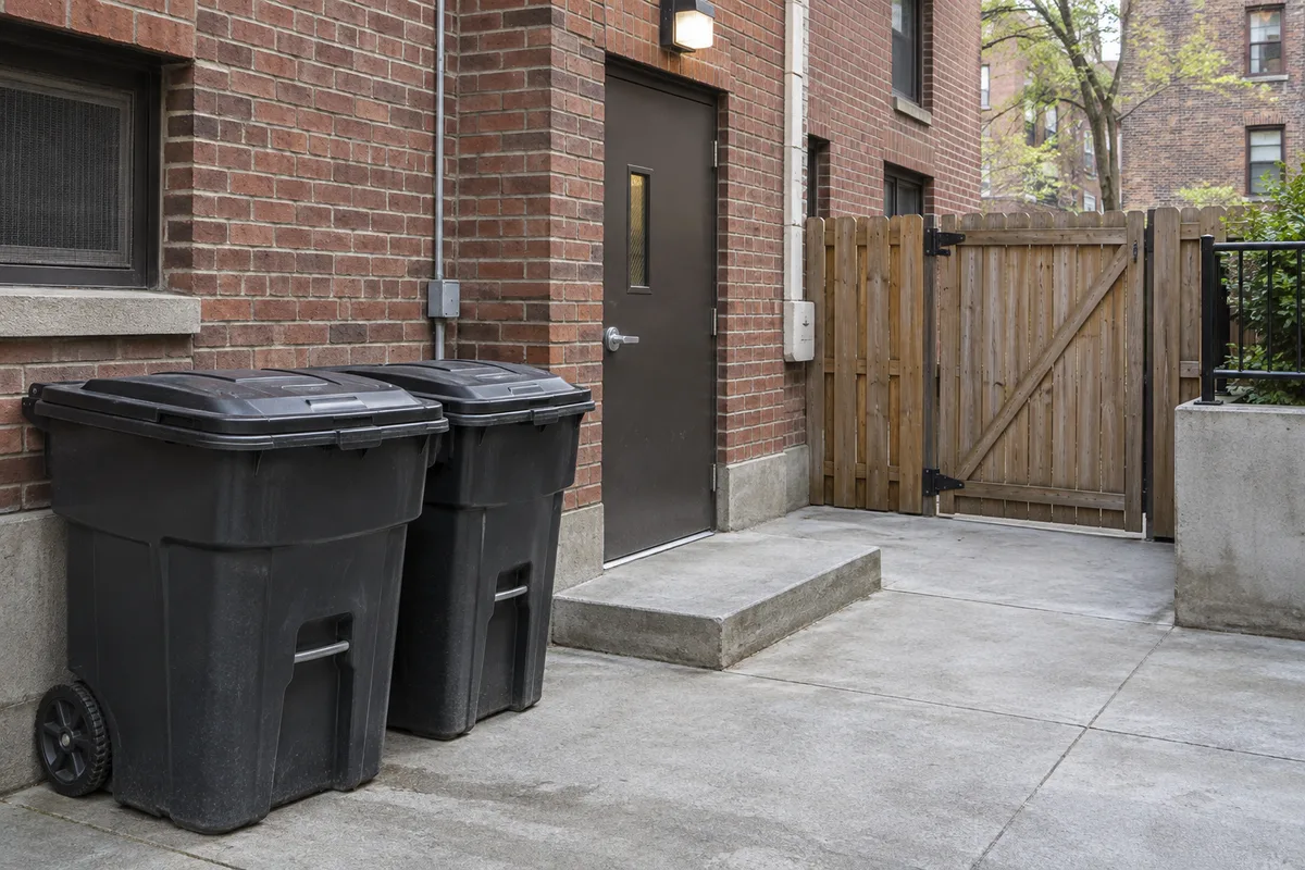 Illustrative shared refuse containers beside a building entrance