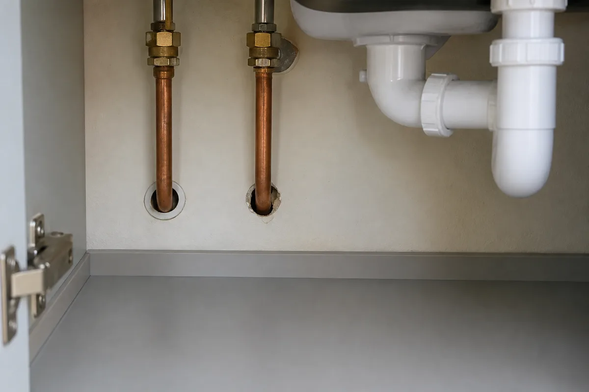 Illustrative pipe opening inside an apartment sink cabinet
