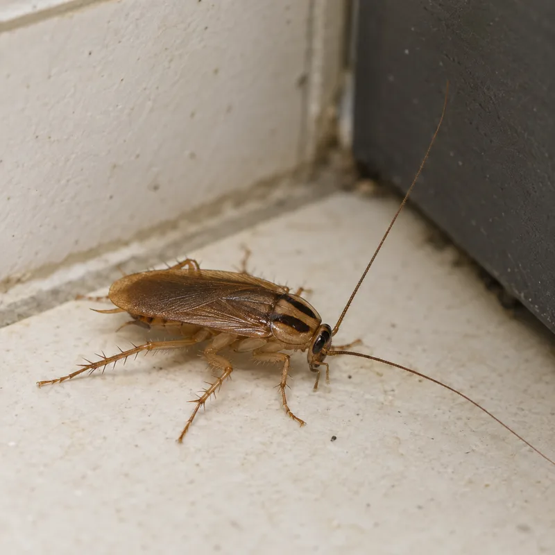 Illustrative A cockroach near a kitchen cabinet